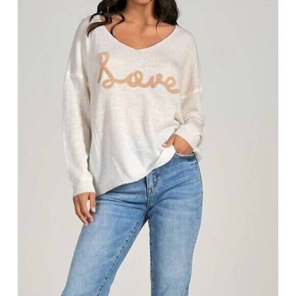 ELAN "Love" Cursive Sweater Ivory Black Lettering Sz Large Boho Beach Cozy Comfy - Picture 1 of 8
